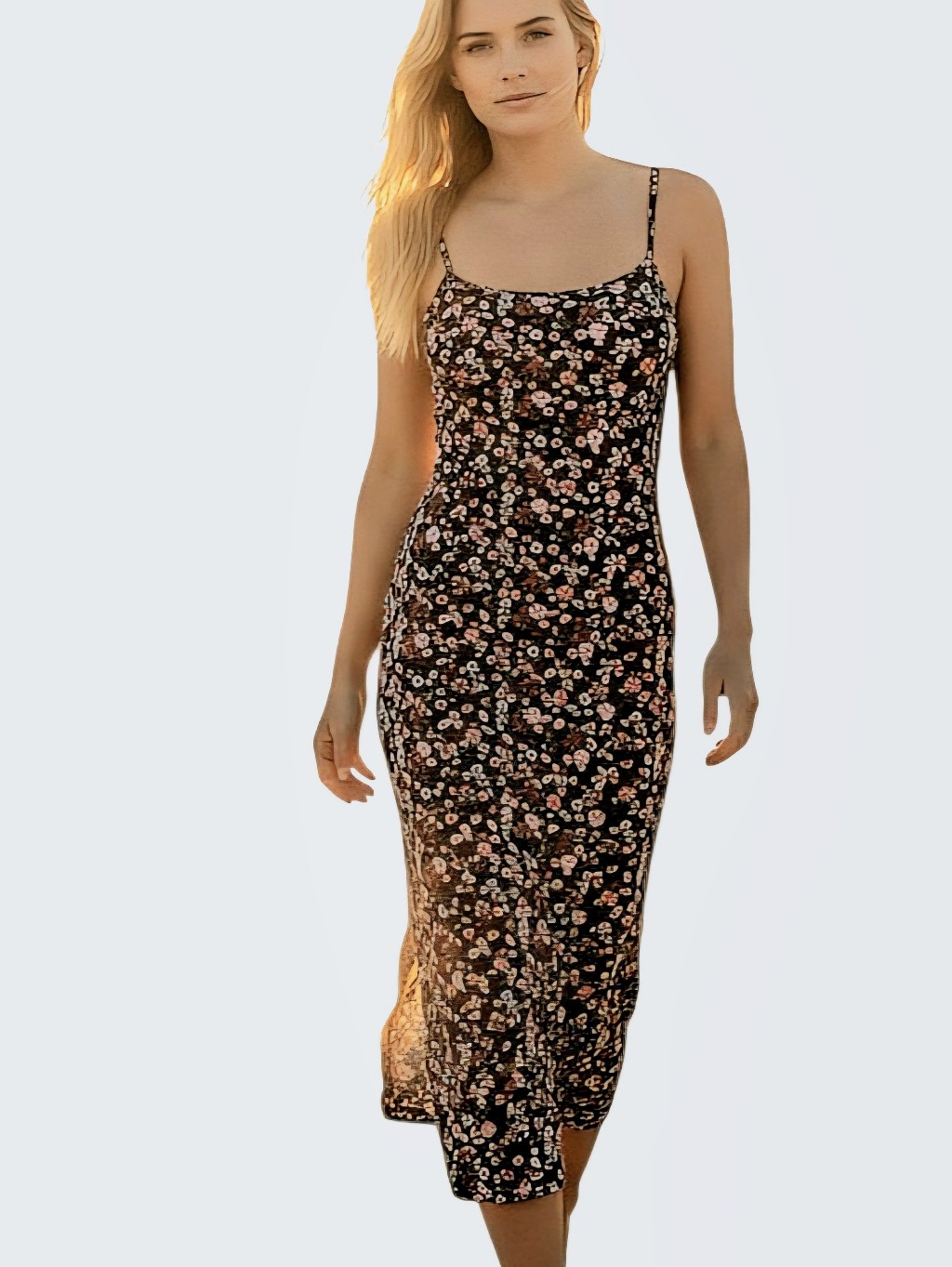 Vibe Ribknit Dark Floral Maxi Dress Wide Spaghetti Strap Stretchy Sz Xl Vtg 90s